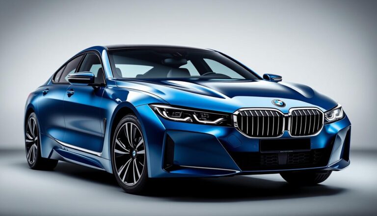 2025 BMW i7 luxury electric sedan in metallic blue showcasing its distinctive front grille and sleek profile