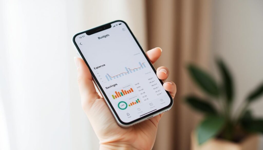 A beautifully designed budgeting app interface displayed on a modern smartphone, held in a well-manicured hand against a soft, blurred background. The app features a clean, intuitive layout with clearly labeled sections for income, expenses, and savings. Colorful charts and graphs visualize the user's financial data, making it easy to understand their spending patterns and plan their budget. The overall aesthetic is minimalist and elegant, conveying a sense of organization and control over one's finances. The lighting is natural and diffused, creating a calming and focused atmosphere. The camera angle is slightly elevated, giving an engaging, user-centric perspective.