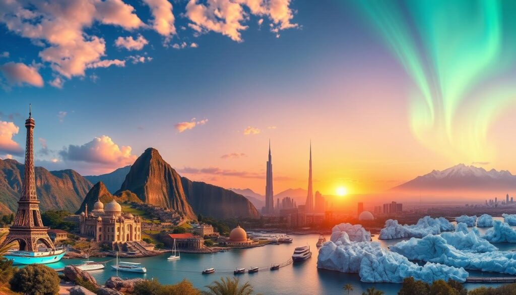 A breathtaking panorama of the world's most captivating vacation destinations, captured in a vibrant, dreamy aesthetic. In the foreground, a cluster of iconic landmarks - the Eiffel Tower, Machu Picchu, the Taj Mahal, and the Great Pyramids of Giza - stand as symbols of timeless allure. The middle ground showcases a diverse array of natural wonders, from the crystalline waters of the Maldives to the rugged splendor of the Patagonian glaciers. In the distance, a silhouette of the Burj Khalifa rises against a mesmerizing sunset, while the Northern Lights dance across the sky, beckoning adventurers to explore the remote corners of the globe. Infused with a sense of wanderlust and possibility, this meticulously crafted image captures the essence of the ultimate vacation destinations bucket list.