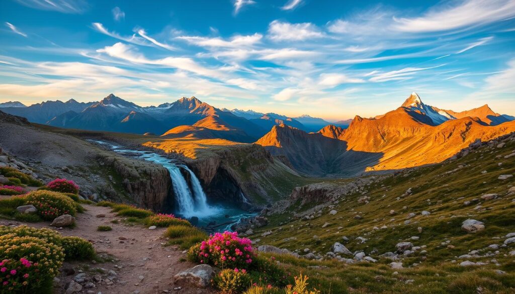 A breathtaking vista of diverse mountain terrain, bathed in the warm glow of golden hour. In the foreground, a rugged trail winds through a mosaic of wildflowers and rocky outcroppings. The middle ground features a cascading waterfall, its crystalline waters tumbling over ancient boulders. In the distance, a range of majestic peaks rise, their snow-capped summits piercing the azure sky. Wispy clouds dance across the scene, casting dramatic shadows that add depth and dimension. The overall mood is one of awe-inspiring beauty, inviting the viewer to embark on an unforgettable journey through these remarkable landscapes.
