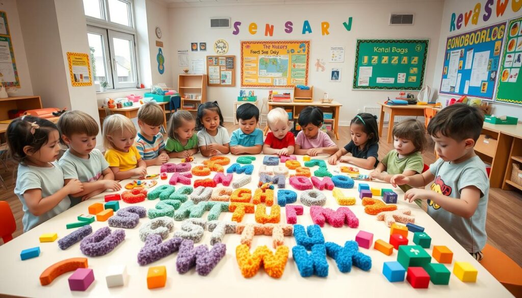 A bright and colorful classroom setting, with a large table in the center showcasing various sensory activities. On the table, an arrangement of textured alphabets, including fuzzy, bumpy, and smooth letters for children to explore. Surrounding the table, an array of sensory objects like scented blocks, musical instruments, and tactile toys, all encouraging multisensory engagement with the alphabet. The room is filled with natural light, creating a warm and welcoming atmosphere, with cheerful wall decor and educational posters in the background. A group of preschoolers, engrossed in the hands-on learning experience, their faces filled with wonder and curiosity as they discover the delights of the sensory alphabet. A bright and colorful classroom setting, with a large table in the center showcasing various sensory activities. On the table, an arrangement of textured alphabets, including fuzzy, bumpy, and smooth letters for children to explore. Surrounding the table, an array of sensory objects like scented blocks, musical instruments, and tactile toys, all encouraging multisensory engagement with the alphabet. The room is filled with natural light, creating a warm and welcoming atmosphere, with cheerful wall decor and educational posters in the background. A group of preschoolers, engrossed in the hands-on learning experience, their faces filled with wonder and curiosity as they discover the delights of the sensory alphabet.