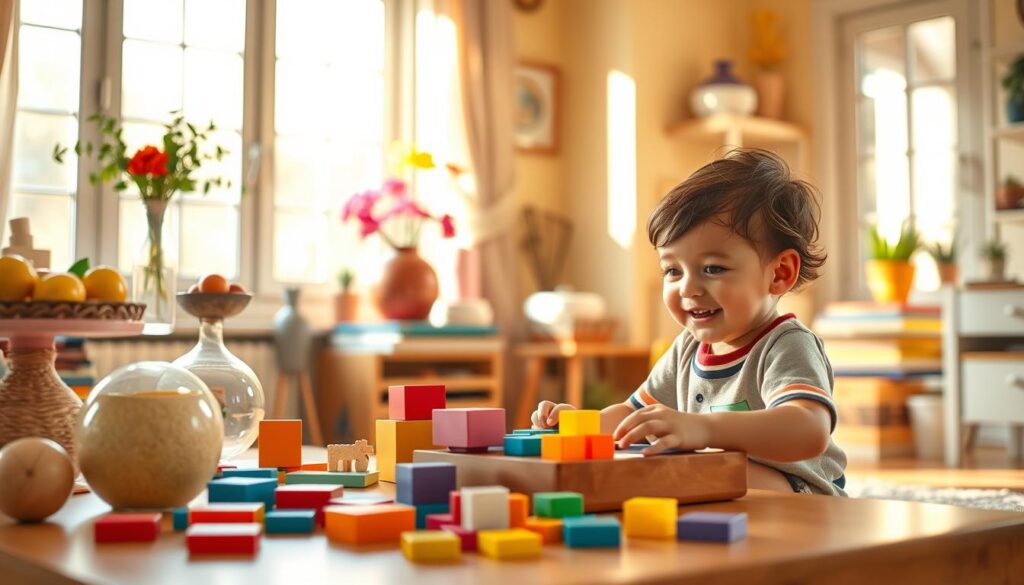 A bright, cheerful scene of a child's daily learning routine, captured in a stylized, whimsical aesthetic. In the foreground, a young child sits at a low table, enthusiastically engaging with colorful shapes and blocks, their face alight with curiosity and concentration. The middle ground features a variety of everyday household objects - a bowl of fruit, a vase of flowers, a stack of books - all arranged in a visually pleasing, artful manner, highlighting the interplay of colors and forms. In the background, a sun-dappled room with large windows, the warm light casting a gentle glow over the entire scene. The overall mood is one of joyful, playful learning, encouraging the viewer to incorporate colors and shapes into their own daily routines. A bright, cheerful scene of a child's daily learning routine, captured in a stylized, whimsical aesthetic. In the foreground, a young child sits at a low table, enthusiastically engaging with colorful shapes and blocks, their face alight with curiosity and concentration. The middle ground features a variety of everyday household objects - a bowl of fruit, a vase of flowers, a stack of books - all arranged in a visually pleasing, artful manner, highlighting the interplay of colors and forms. In the background, a sun-dappled room with large windows, the warm light casting a gentle glow over the entire scene. The overall mood is one of joyful, playful learning, encouraging the viewer to incorporate colors and shapes into their own daily routines.