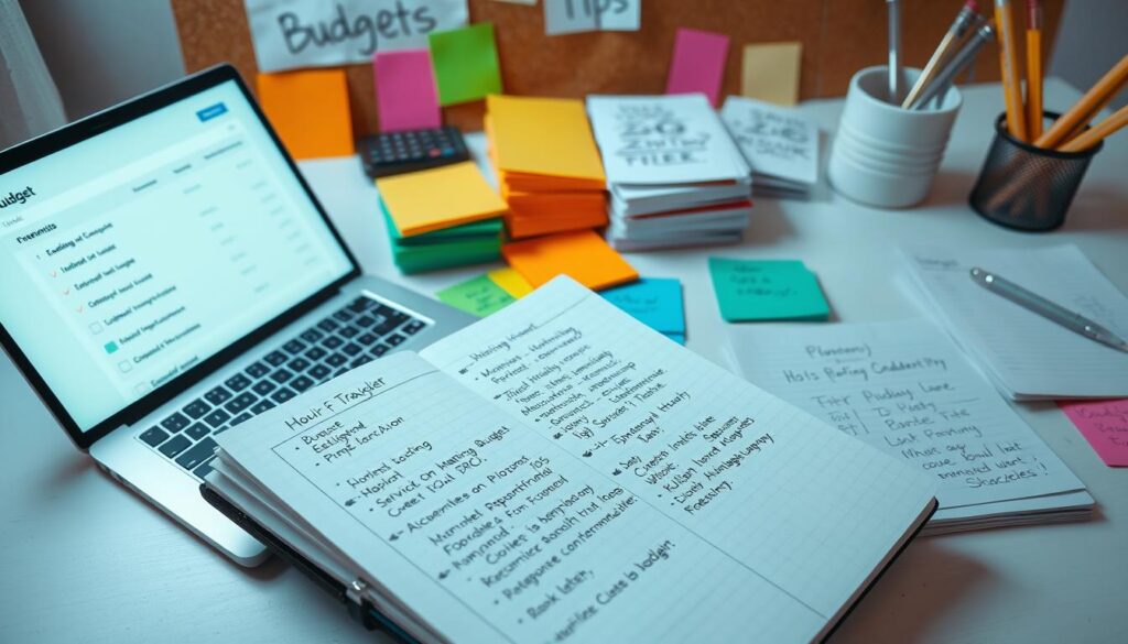 A brightly lit top-down view of a desktop workspace, showcasing a variety of budgeting methods. In the foreground, an open notebook with handwritten budget categories and expense trackers. To the side, a laptop display with a budgeting app interface, its clean design highlighting different spending categories. In the middle ground, stacks of colorful sticky notes and index cards with scribbled financial goals and strategies. The background features a corkboard with budgeting tips, a calculator, and a cup of freshly sharpened pencils, creating an organized and focused atmosphere for personal finance planning.
