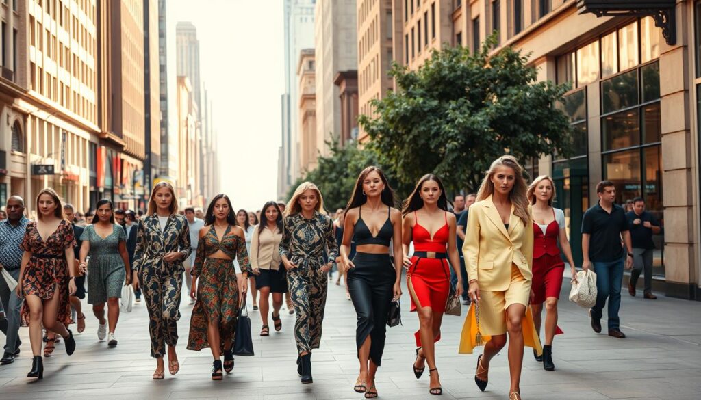 A bustling city street, bathed in warm afternoon light. In the foreground, a group of fashionable individuals stroll by, showcasing their stylish co-ord sets. A mix of bold prints, sleek silhouettes, and complementary colors create a visually captivating scene. The middle ground features a variety of pedestrians, capturing the diverse street style of the urban landscape. In the background, towering buildings and a hint of greenery set the stage for this vibrant display of modern, trendsetting fashion.