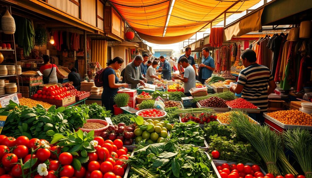 A bustling local market, vibrant with color and activity. In the foreground, a variety of fresh produce - ripe tomatoes, crisp greens, and fragrant herbs - arranged in neat displays. Middle ground showcases a lively scene of vendors and shoppers haggling over prices, exchanging goods with animated gestures. The background reveals a maze of stalls and tents, offering a diverse array of local specialties - from fragrant spices to handcrafted textiles. Warm, natural lighting filters through the open-air market, casting a golden glow and creating an atmosphere of authentic, community-driven commerce. This is a scene of local food savings, where savvy travelers can immerse themselves in the rich cultural tapestry of the destination. A bustling local market, vibrant with color and activity. In the foreground, a variety of fresh produce - ripe tomatoes, crisp greens, and fragrant herbs - arranged in neat displays. Middle ground showcases a lively scene of vendors and shoppers haggling over prices, exchanging goods with animated gestures. The background reveals a maze of stalls and tents, offering a diverse array of local specialties - from fragrant spices to handcrafted textiles. Warm, natural lighting filters through the open-air market, casting a golden glow and creating an atmosphere of authentic, community-driven commerce. This is a scene of local food savings, where savvy travelers can immerse themselves in the rich cultural tapestry of the destination.