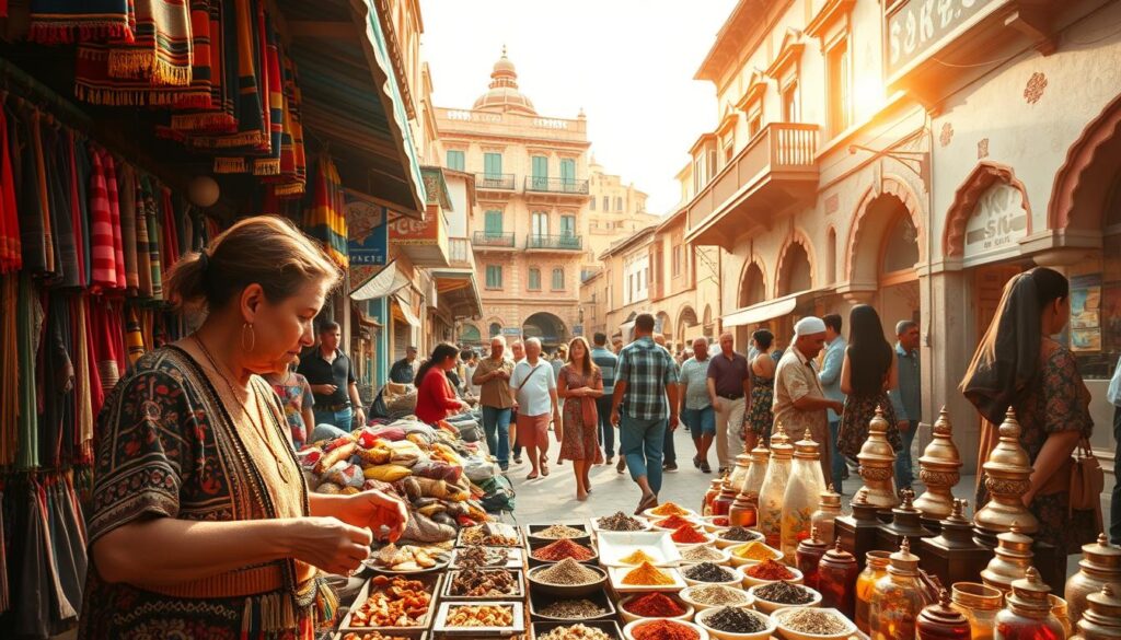 A bustling marketplace in a vibrant, culturally rich destination. In the foreground, a local vendor skillfully arranges an array of handcrafted wares - vibrant textiles, intricate jewelry, and fragrant spices. In the middle ground, people from diverse backgrounds mingle, exchanging stories and goods. The background is a tapestry of colorful buildings, with ornate architecture and lively street art that reflects the unique heritage of the region. Warm, golden sunlight filters through the scene, casting a warm, inviting glow. The overall atmosphere is one of cultural exploration, discovery, and immersion in the local way of life.