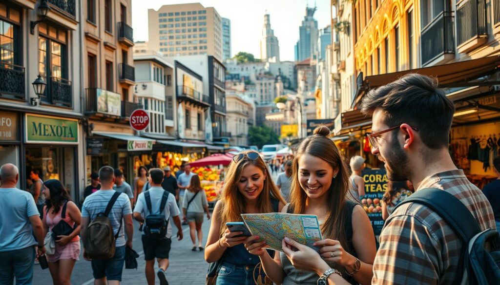 A busy city street, bustling with pedestrians and local vendors. In the foreground, a group of friends excitedly exploring a map on a smartphone, discovering hidden gems and nearby attractions. The middle ground features a vibrant local market, with colorful produce, handcrafted goods, and friendly vendors. In the background, a mix of modern and historic architecture creates a visually stunning cityscape, bathed in warm, golden late-afternoon light. The overall atmosphere conveys a sense of adventure, discovery, and the joy of exploring a new destination through the lens of a travel app.