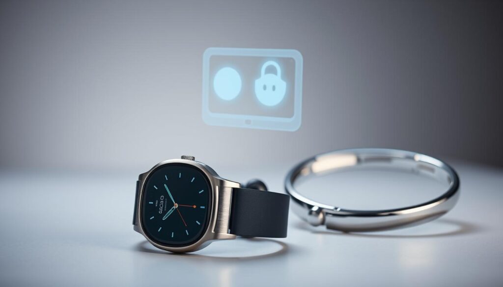 A captivating blend of contemporary fashion and cutting-edge technology. In the foreground, a sleek, minimalist smartwatch with a gleaming, brushed metal casing and a crisp, high-resolution display. The middle ground features a pair of stylish wireless earbuds, their compact, ergonomic design seamlessly integrated into the user's ears. In the background, a subtly pulsing, holographic projection emanates from a slim, chrome wristband, displaying real-time data and notifications. Soft, diffused lighting illuminates the scene, creating a sense of sophistication and a touch of futuristic allure. The overall atmosphere conveys a harmonious fusion of style, function, and the latest advancements in wearable tech.