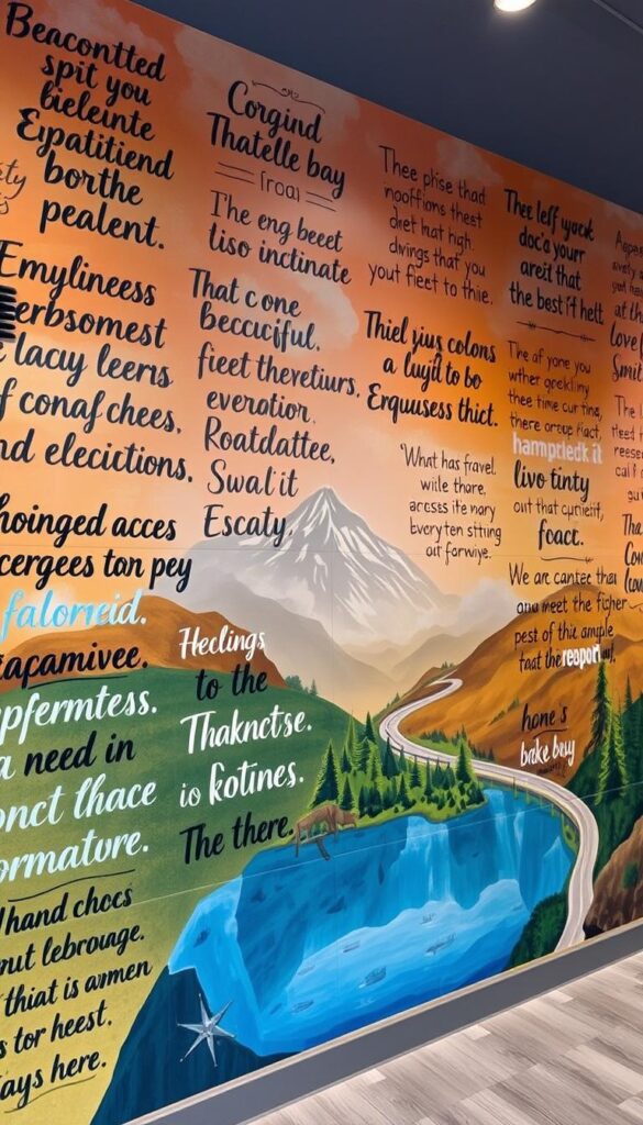 A captivating mural of inspirational travel quotes, painted in a vibrant, artful style. The foreground features a collage of handwritten calligraphic phrases, each one a thoughtful reflection on the joys of exploration and discovery. The middle ground showcases a picturesque landscape, perhaps a sun-dappled forest or a winding mountain road, evoking a sense of wanderlust and adventure. The background is a wash of warm, earthy tones, lending a timeless, vintage aesthetic. The lighting is soft and diffused, creating a serene, contemplative atmosphere. The overall composition is balanced and visually striking, drawing the viewer in to ponder the power of words to inspire the traveler's spirit.