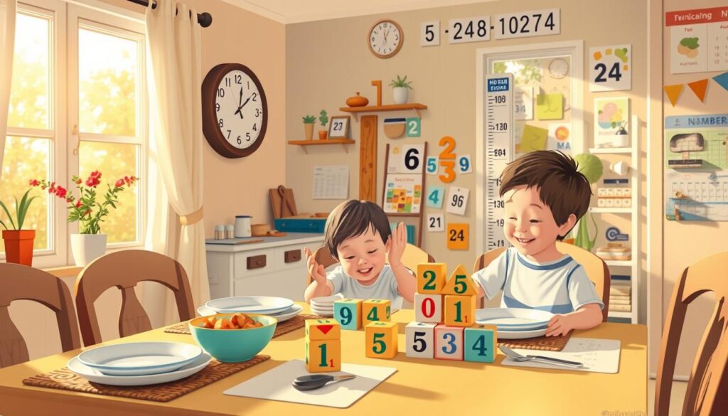 A cheerful and vibrant scene of everyday numbers seamlessly woven into a whimsical, slice-of-life composition. In the foreground, a family setting the table, with numbers printed on dishware, placemats, and a wall clock. In the middle ground, a child playing with number blocks, while their sibling measures their height on a growth chart. In the background, numbers subtly incorporated into the decor - on calendars, price tags, and even a license plate. Warm, natural lighting filters through the windows, casting a cozy, inviting atmosphere. The scene captures the natural, organic way numbers are integrated into the rhythms and routines of daily life. A cheerful and vibrant scene of everyday numbers seamlessly woven into a whimsical, slice-of-life composition. In the foreground, a family setting the table, with numbers printed on dishware, placemats, and a wall clock. In the middle ground, a child playing with number blocks, while their sibling measures their height on a growth chart. In the background, numbers subtly incorporated into the decor - on calendars, price tags, and even a license plate. Warm, natural lighting filters through the windows, casting a cozy, inviting atmosphere. The scene captures the natural, organic way numbers are integrated into the rhythms and routines of daily life.