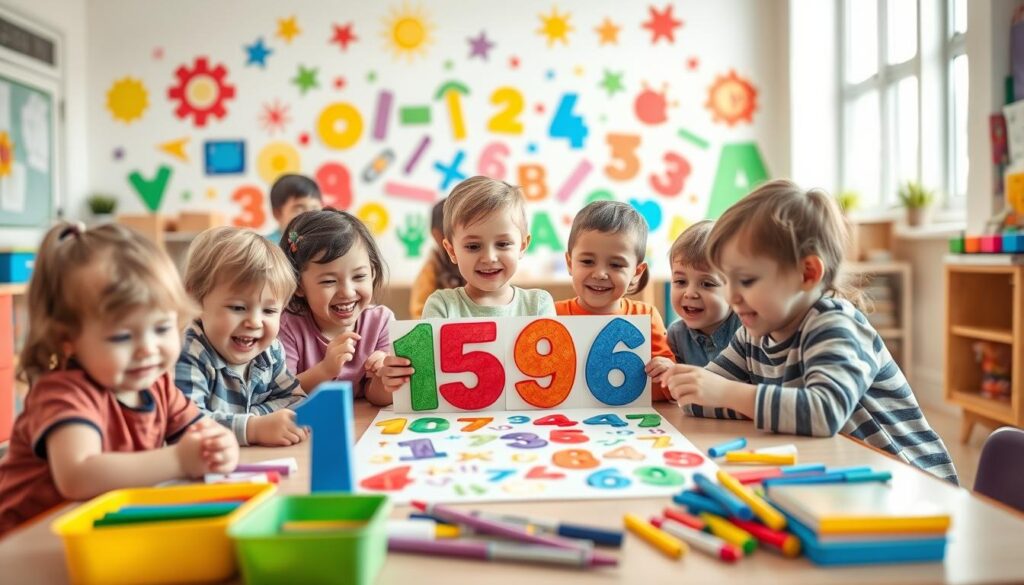 A cheerful, well-lit classroom setting. In the foreground, a group of young children enthusiastically engage with a number recognition activity, surrounded by colorful educational supplies. Vibrant, engaging illustrations of diverse numbers occupy the middle ground, inviting the kids to interact. The background features a vibrant, stimulating wall mural with playful shapes and patterns, creating an immersive, hands-on learning environment. Warm, natural lighting illuminates the scene, fostering a sense of joy and discovery as the children explore the captivating number-based craft. A cheerful, well-lit classroom setting. In the foreground, a group of young children enthusiastically engage with a number recognition activity, surrounded by colorful educational supplies. Vibrant, engaging illustrations of diverse numbers occupy the middle ground, inviting the kids to interact. The background features a vibrant, stimulating wall mural with playful shapes and patterns, creating an immersive, hands-on learning environment. Warm, natural lighting illuminates the scene, fostering a sense of joy and discovery as the children explore the captivating number-based craft.