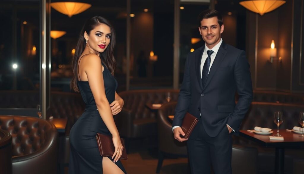 A chic and sophisticated date night scene unfolds. In the foreground, a stylish woman poses, wearing a sleek black midi dress with a high slit and strappy heels. She effortlessly accessorizes with delicate gold jewelry and a structured leather clutch. In the middle ground, her partner stands beside her, dressed in a tailored navy suit with a crisp white shirt and a slim tie. The background features a dimly lit, elegant restaurant setting, with warm lighting, plush leather seating, and subtle metallic accents. The couple's confident, poised expressions and the inviting atmosphere create a captivating, date-night ambiance.