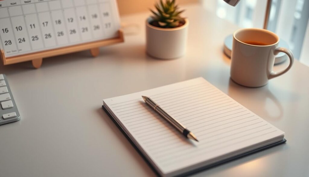 A clean, minimalist desk with a lined notebook, a mechanical pencil, and a cup of coffee. The desktop is neatly organized, with a calendar and a small potted plant in the background. The lighting is soft and warm, creating a cozy and focused atmosphere. The camera angle is slightly elevated, giving a bird's-eye view of the study setup. The overall composition conveys a sense of productivity, organization, and a dedicated study routine.