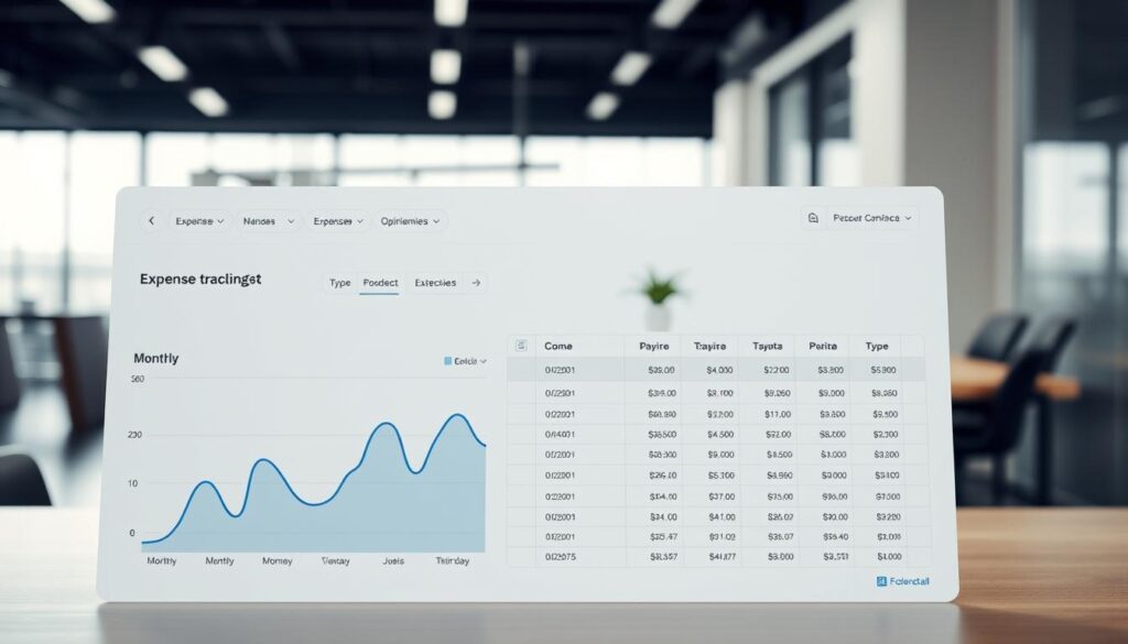 A clean, minimalist expense tracking dashboard with a modern, elegant aesthetic. In the foreground, a crisp, high-resolution graph displays monthly spending data, with clear data visualizations and intuitive icons. The middle ground features an organized spreadsheet view of expenses, categorized by type, with precise numerical values. In the background, a serene, blurred office environment provides a calming context, with muted colors and soft natural lighting from a nearby window. The overall mood is one of efficiency, organization, and financial control, perfectly illustrating the concept of a "good expense tracker" for the article.