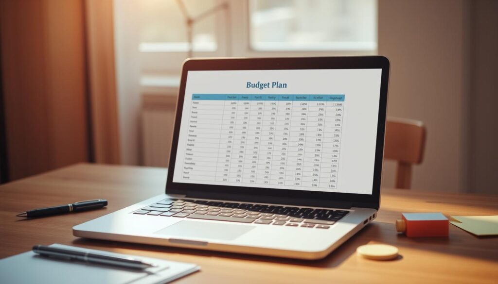 A clean, minimalistic desktop scene featuring a budget plan spreadsheet open on a laptop screen. The laptop is placed on a wooden desk, alongside a few office supplies like a pen, highlighter, and sticky notes. Warm, directional lighting from a window casts a soft glow on the scene, creating a sense of focus and productivity. The background is blurred, emphasizing the spreadsheet as the central element. The overall mood is organized, efficient, and thoughtful, conveying the process of creating a carefully considered budget plan.