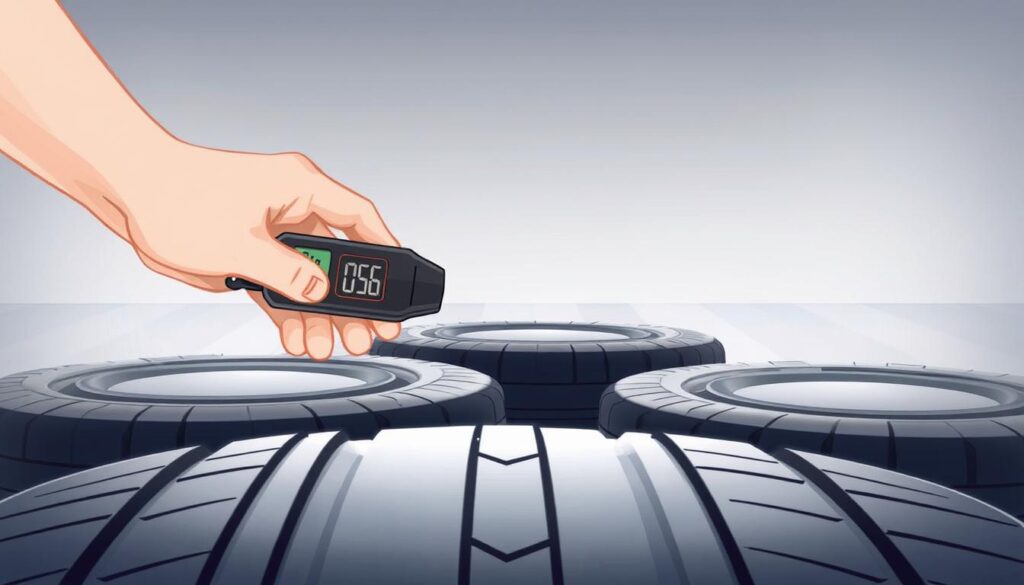 A clear, well-lit illustration of the step-by-step process for checking tire pressure. A close-up view of a hand using a digital tire pressure gauge on the valve stem of a car tire, surrounded by a neatly arranged set of tires in the foreground. In the background, a clean, neutral-toned environment with subtle reflections to convey a professional, instructional tone. The lighting is soft and diffused, with subtle shadows to highlight the textures and details of the tires and gauge. The overall composition is balanced and visually appealing, guiding the viewer's attention to the key steps of the tire pressure check process. A clear, well-lit illustration of the step-by-step process for checking tire pressure. A close-up view of a hand using a digital tire pressure gauge on the valve stem of a car tire, surrounded by a neatly arranged set of tires in the foreground. In the background, a clean, neutral-toned environment with subtle reflections to convey a professional, instructional tone. The lighting is soft and diffused, with subtle shadows to highlight the textures and details of the tires and gauge. The overall composition is balanced and visually appealing, guiding the viewer's attention to the key steps of the tire pressure check process.