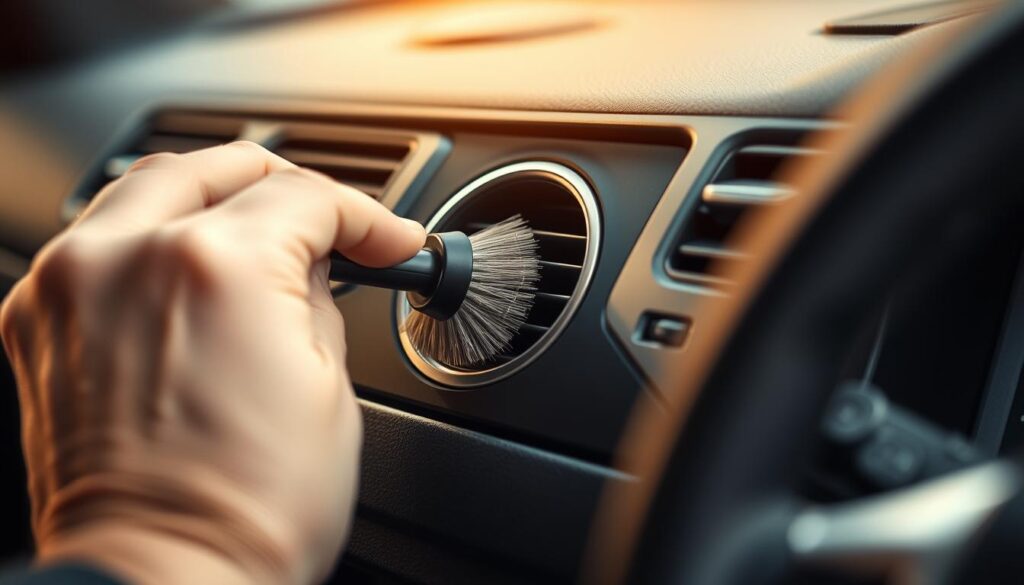 A close-up view of a car's dashboard, showcasing the intricate detailing of hard-to-reach areas. The image features a deft hand wielding a small, specialized brush, meticulously cleaning the vents, crevices, and tight spaces between the buttons and controls. The lighting is warm and focused, creating a sense of precision and care. The background is blurred, keeping the attention on the delicate task at hand. The overall mood is one of dedication and attention to detail, reflecting the care and effort required to keep a car's interior in pristine condition.