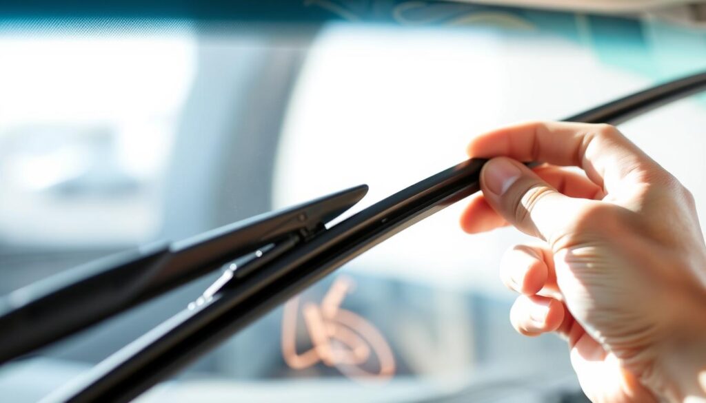 A close-up view of a hand holding a windshield wiper blade, examining it closely. The wiper is positioned against a clean, windshield glass, allowing for a clear inspection of its condition. Bright, natural lighting illuminates the scene, casting soft shadows and highlighting the intricate details of the wiper's rubber edge and metal frame. The background is slightly blurred, keeping the focus on the inspection process. The overall mood is one of attention to detail and diligence in maintaining vehicle safety and visibility. A close-up view of a hand holding a windshield wiper blade, examining it closely. The wiper is positioned against a clean, windshield glass, allowing for a clear inspection of its condition. Bright, natural lighting illuminates the scene, casting soft shadows and highlighting the intricate details of the wiper's rubber edge and metal frame. The background is slightly blurred, keeping the focus on the inspection process. The overall mood is one of attention to detail and diligence in maintaining vehicle safety and visibility.