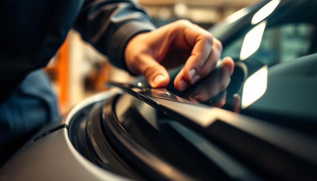 A close-up view of a mechanic's hands carefully inspecting and maintaining a car's wiper blade. The scene is captured in soft, warm lighting, highlighting the intricate details of the blade's construction and the meticulousness of the maintenance process. The blade is positioned in the foreground, with the mechanic's hands gently wiping and adjusting it, creating a sense of focus and attention to detail. The background is blurred, creating a sense of depth and emphasizing the importance of the task at hand. The overall atmosphere conveys a sense of care, professionalism, and the importance of proper wiper blade maintenance for safe and efficient driving.