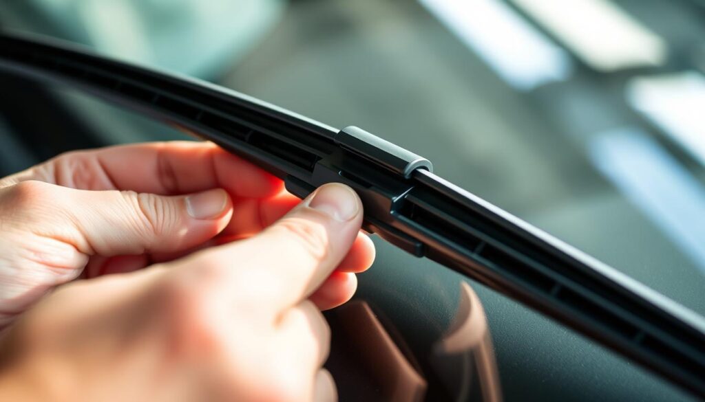 A close-up view of a person's hands examining a car's wiper blade mechanism. The scene is lit with soft, natural lighting, creating an inviting and informative atmosphere. The wiper blade is prominently displayed, showcasing its intricate components - the rubber strip, the metal frame, and the connection point to the wiper arm. The person's fingers gently manipulate the blade, revealing the common issues like wear, damage, or improper installation. The background is blurred, keeping the focus on the technical details of the wiper blade troubleshooting process.