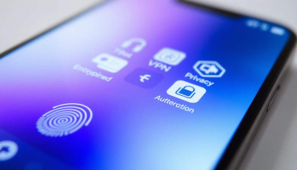 A close-up view of a smartphone screen, displaying various security and privacy features. In the foreground, a fingerprint sensor and facial recognition icons are prominently featured, indicating advanced biometric authentication methods. In the middle ground, icons for encrypted messaging, virtual private network (VPN), and two-factor authentication are visible, showcasing the device's security-focused software. The background is blurred, creating a sense of depth and focus on the smartphone's protective capabilities. The lighting is soft and even, highlighting the sleek, modern design of the device. The overall mood is one of reassurance and confidence in the smartphone's ability to safeguard personal information.