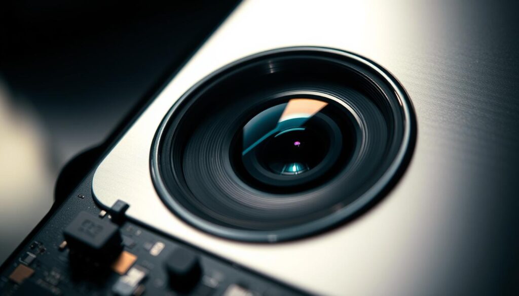 A close-up view of a smartphone's camera module, showcasing its intricate design and advanced features. The lens is sharply in focus, with a shallow depth of field that blurs the background. The camera housing is made of sleek, metallic materials, capturing the premium, high-tech aesthetic. Intricate circuit boards and sensors are visible, hinting at the complex computational photography capabilities. Dramatic studio lighting casts dramatic shadows and highlights the camera's intricate components, creating a sense of mystery and technical sophistication. The overall mood is one of precision, innovation, and the hidden potential of the smartphone camera.
