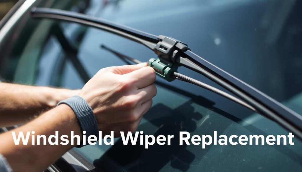 A closeup view of a person's hands carefully removing old windshield wipers from a car's windshield, ready to install new ones. The hands are gripping the wiper arm, revealing the mechanism and the exposed windshield. The lighting is natural, creating soft shadows that highlight the textures and details. The background is slightly blurred, keeping the focus on the replacement process. The overall scene conveys a sense of care and attention to detail, reflecting the introductory nature of the "Windshield Wiper Replacement" section.