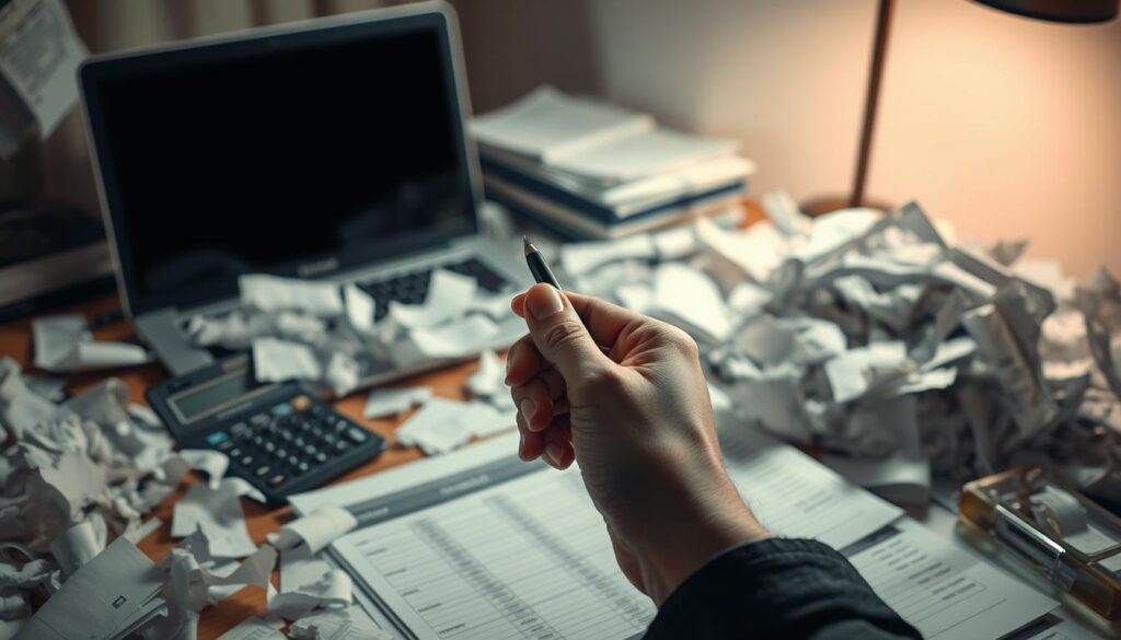 A cluttered desk, stacks of crumpled receipts, a calculator buried under piles of papers. The faint glow of a laptop screen casts a harsh light, illuminating the struggle to make sense of tangled finances. In the foreground, a hand grasps a pen, hesitating over a jumbled budget spreadsheet, the frustration palpable. The background fades into a blur, a metaphor for the overwhelming complexity of maintaining control over one's financial future. Soft, muted tones create a somber mood, suggesting the weight of the task at hand. The image captures the essence of a budget that has spiraled out of control, highlighting the need for a more streamlined, sustainable approach to personal finance.