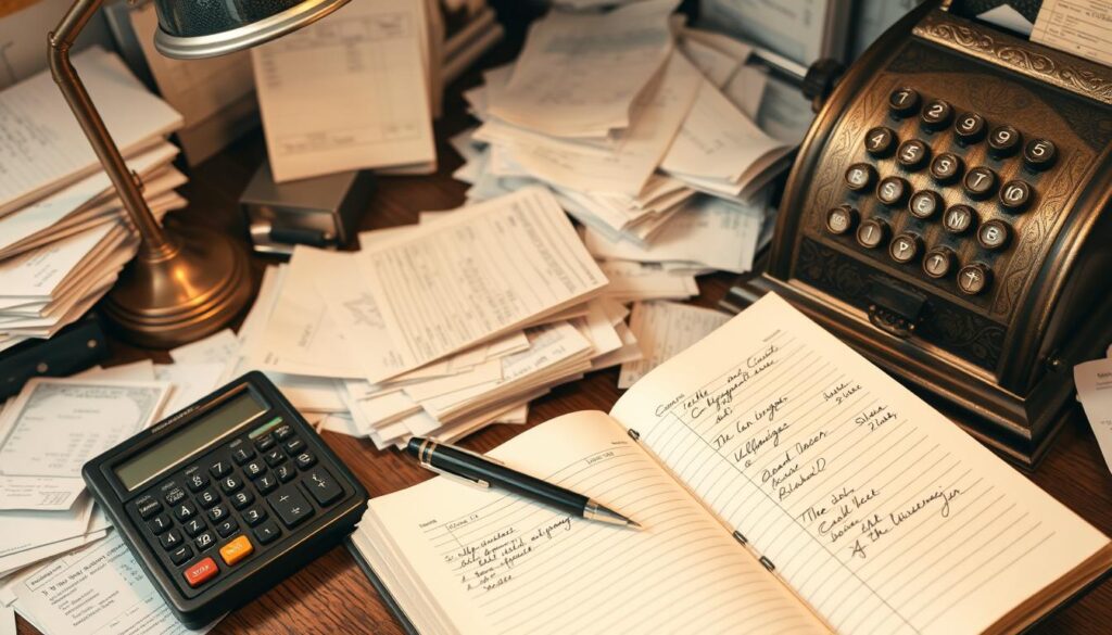 A cluttered desktop with piles of paper, receipts, and a calculator; a ledger book with handwritten entries; an old-fashioned cash register with a bell; a pen and a magnifying glass examining financial documents; a desk lamp casting a warm glow on the scene, creating a nostalgic, analog atmosphere for traditional expense tracking methods.