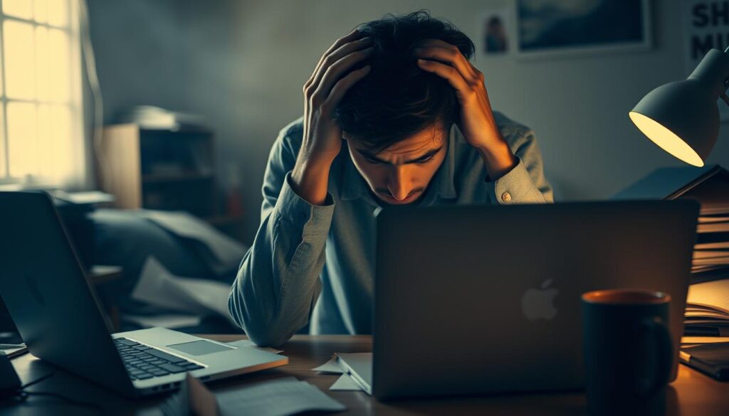 A cluttered, dimly lit workspace with a laptop, discarded papers, and a half-empty coffee mug. In the foreground, an anxious-looking person sits hunched over, staring at the screen, hands gripping their head in frustration. The background is hazy, suggesting a sense of procrastination and mental fog. The lighting is soft and warm, creating a sense of melancholy and introspection. The overall composition conveys the struggle and burden of procrastination while studying.