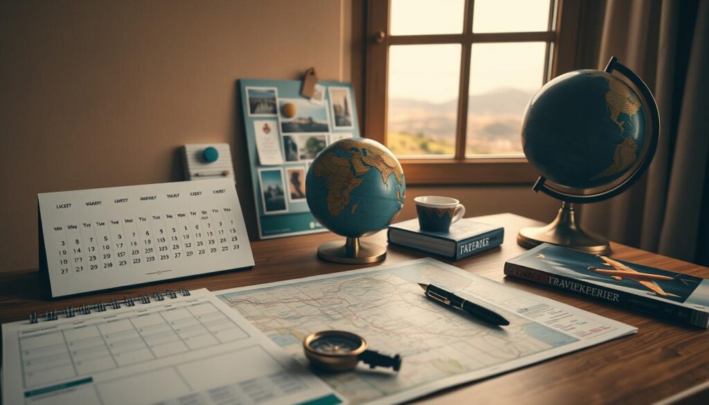A comfortable desk with a map, a planner, a compass, and a pen neatly arranged, set against a warm, natural-toned backdrop. The lighting is soft and indirect, creating a contemplative atmosphere. In the foreground, a calendar, airline tickets, and travel guides suggest the initial stages of planning a trip. The middle ground features a globe and a travel-themed moodboard, hinting at the broader scope of trip planning. In the background, a window offers a glimpse of a scenic landscape, symbolizing the ultimate destination. The overall composition conveys a sense of organization, preparation, and anticipation for the journey ahead.