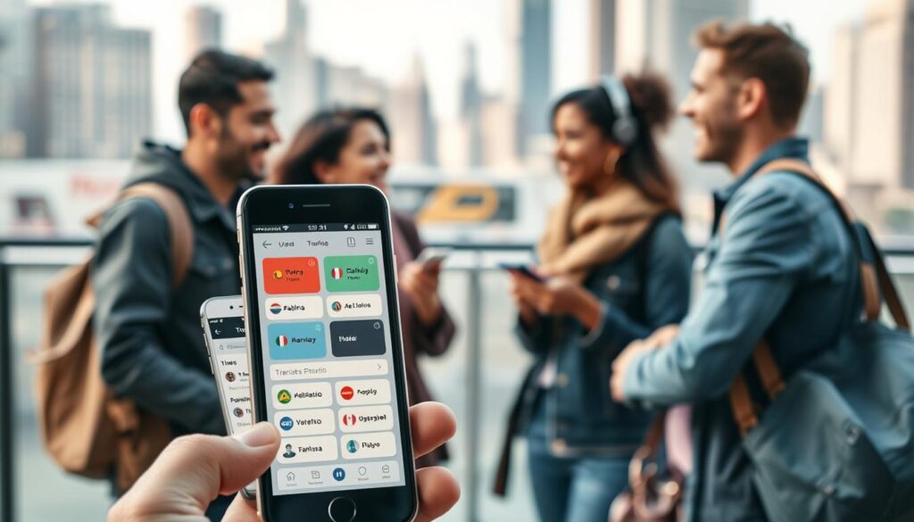 A contemporary and visually appealing image of language translation apps. In the foreground, a sleek, modern smartphone displays various translation app interfaces, showcasing their intuitive designs and multilingual capabilities. In the middle ground, a diverse group of people, representing different ethnicities and ages, are engaged in lively conversations, utilizing the translation apps to bridge the language barrier. The background features a blurred cityscape, hinting at the global connectivity and the need for seamless communication while traveling. The lighting is soft and natural, creating a warm and inviting atmosphere. The overall composition conveys the effortless and effective translation experience provided by these essential travel apps.