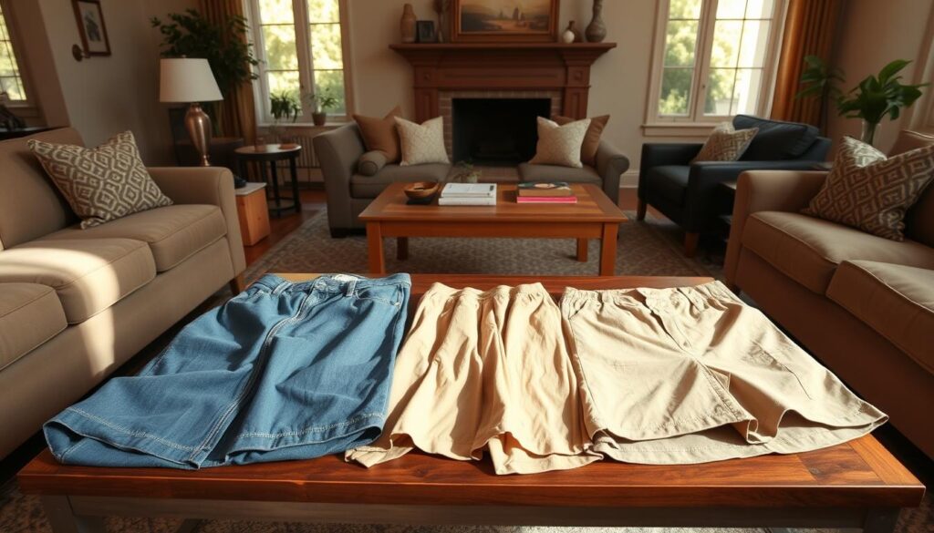 A cozy and inviting living room setting, bathed in warm, natural lighting from large windows. In the foreground, a central coffee table displays an artful arrangement of casual bottoms - a pair of relaxed fit jeans, a flowing midi skirt, and classic khaki shorts. The textures and colors of the fabrics create a visually appealing display, showcasing the versatility and comfort of these everyday essentials. Surrounding the table, plush sofas and armchairs invite the viewer to imagine pairing these bottoms with various tops and accessories for a polished yet effortless casual look. The overall atmosphere conveys a sense of laid-back sophistication, perfect for the "Casual Outfit Ideas for Women" article.