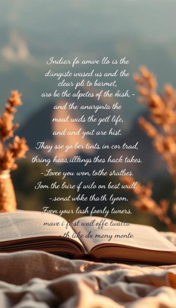 A cozy and inviting travel aesthetic with a curated list of inspiring quotes, displayed against a softly blurred background of tranquil natural scenery. The quotes should be handwritten in an elegant calligraphic script, providing a touch of sophistication. Warm lighting casts a gentle glow, highlighting the organic textures and muted color palette. The overall composition should convey a sense of wanderlust, adventure, and mindful exploration, inviting the viewer to immerse themselves in the art of travel.
