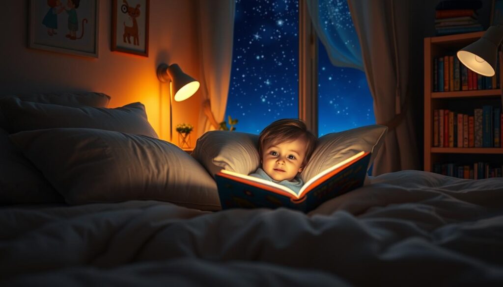 A cozy bedroom with a warm, soft glow illuminating a young child snuggled up in bed, engrossed in a colorful storybook. Plush pillows and a cozy comforter frame the scene, creating a sense of comfort and security. The child's face is lit by the gentle light of a bedside lamp, their eyes filled with wonder and imagination. The room is adorned with whimsical wall decor and a bookshelf brimming with beloved tales. Through the window, a starry night sky adds a sense of magic and enchantment to the serene atmosphere. The overall mood is one of peaceful tranquility, where the child's bedtime reading transports them to a world of endless possibilities.
