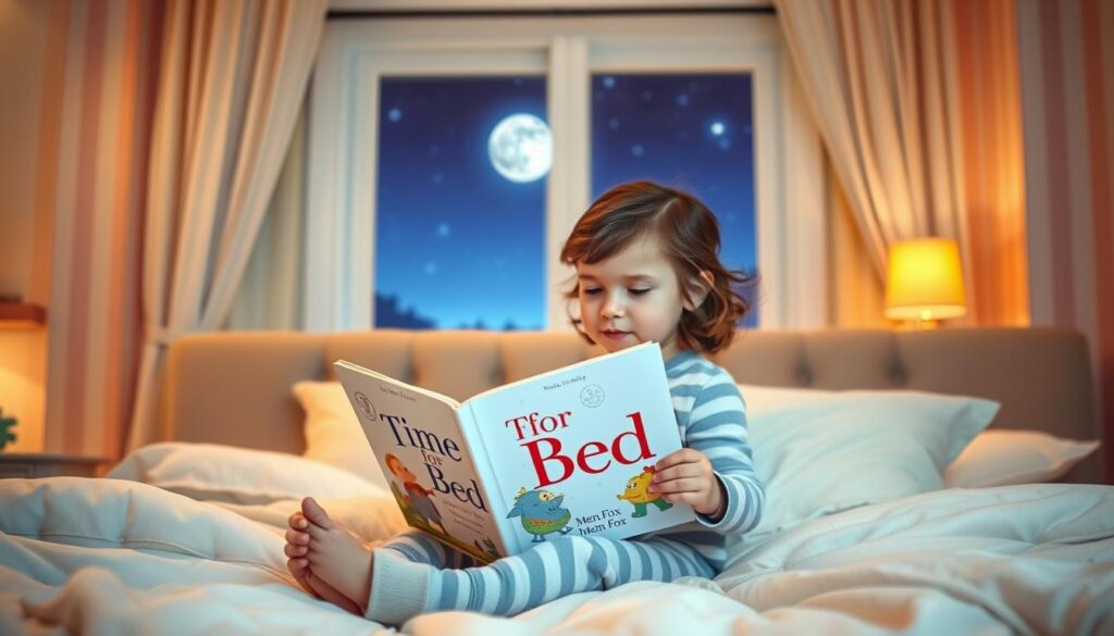A cozy bedroom with soft, warm lighting and pastel-colored walls. In the foreground, a young child in pajamas sits on a plush, tufted bed, reading a storybook titled "Time for Bed" by Mem Fox. The child's expression is peaceful and content, their eyes focused on the pages. Soft, fluffy pillows and a comfy duvet surround the child, creating an inviting and comforting atmosphere. In the background, a window overlooking a tranquil night sky, with a full moon and twinkling stars. The overall scene evokes a sense of calmness, security, and the magic of bedtime stories.