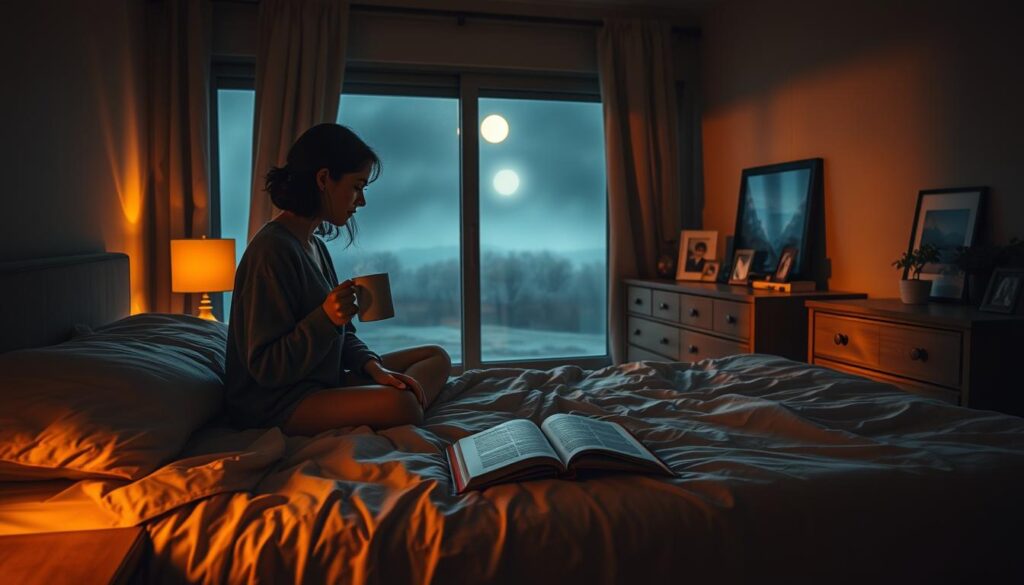 A cozy, dimly lit bedroom bathed in a warm, golden glow. In the foreground, a person sits on the edge of a plush, unmade bed, preparing for their night routine. They hold a mug of steaming tea, their face illuminated by the soft light of a bedside lamp. On the nightstand, an open book, a pair of reading glasses, and a small plant sit in a neatly arranged tableau. In the middle ground, a dresser with framed photographs and personal items casts long shadows on the walls. The background is hazy, with a large window overlooking a serene, moonlit landscape, creating a sense of tranquility and relaxation.