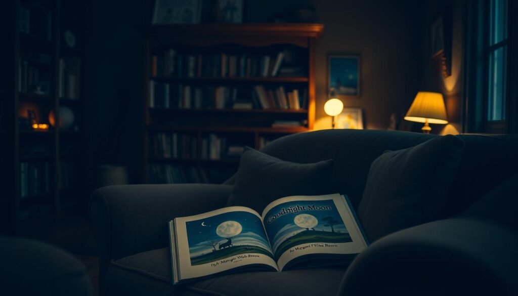 A cozy, dimly lit room with soft, warm lighting. In the center, a large, comfortable armchair with plush cushions. On the chair, an open book titled "Goodnight Moon" by Margaret Wise Brown. The book's illustrations are visible, capturing the story's whimsical and calming atmosphere. In the background, a wooden bookshelf filled with children's books and a small side table with a reading lamp. The room has a sense of tranquility, inviting the viewer to settle in and enjoy the classic bedtime story.