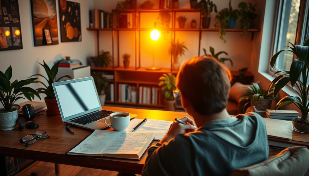 A cozy home office at sunset, bathed in warm, golden light. On the desk, a laptop, a planner, a cup of tea, and a pair of reading glasses. Shelves line the walls, filled with books and potted plants. In the foreground, a person sits comfortably, reflecting on the day's accomplishments and jotting down notes in a journal. The atmosphere is contemplative, with a sense of tranquility and focus, embodying the end-of-day review and reset.