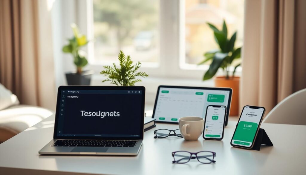 A cozy home office scene with an array of budgeting apps displayed on various digital devices. The foreground features a sleek, minimalist desk with a laptop, tablet, and smartphone, each showcasing different budgeting app interfaces. The middle ground shows a plant, a cup of coffee, and a pair of reading glasses, creating a warm, productive atmosphere. The background is a softly blurred, sun-dappled window, hinting at a calming outdoor view. The lighting is gentle and natural, highlighting the clean, modern aesthetics of the setup. The overall mood conveys focus, organization, and a sense of financial control.
