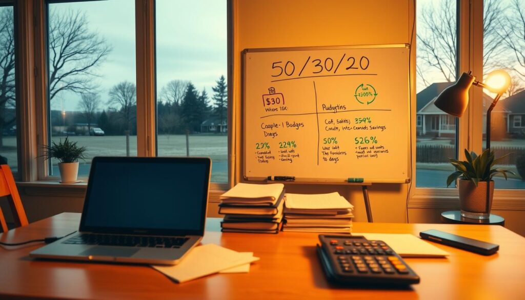 A cozy home office setting with a neatly organized desk featuring a laptop, a stack of documents, and financial calculators. In the background, a whiteboard displays the "50/30/20" budgeting rule, with colorful diagrams and infographics showcasing its benefits - balanced spending, debt management, and increased savings. Warm, diffused lighting casts a serene glow, and large windows overlook a tranquil suburban landscape. The atmosphere conveys a sense of productivity, financial stability, and personal empowerment.