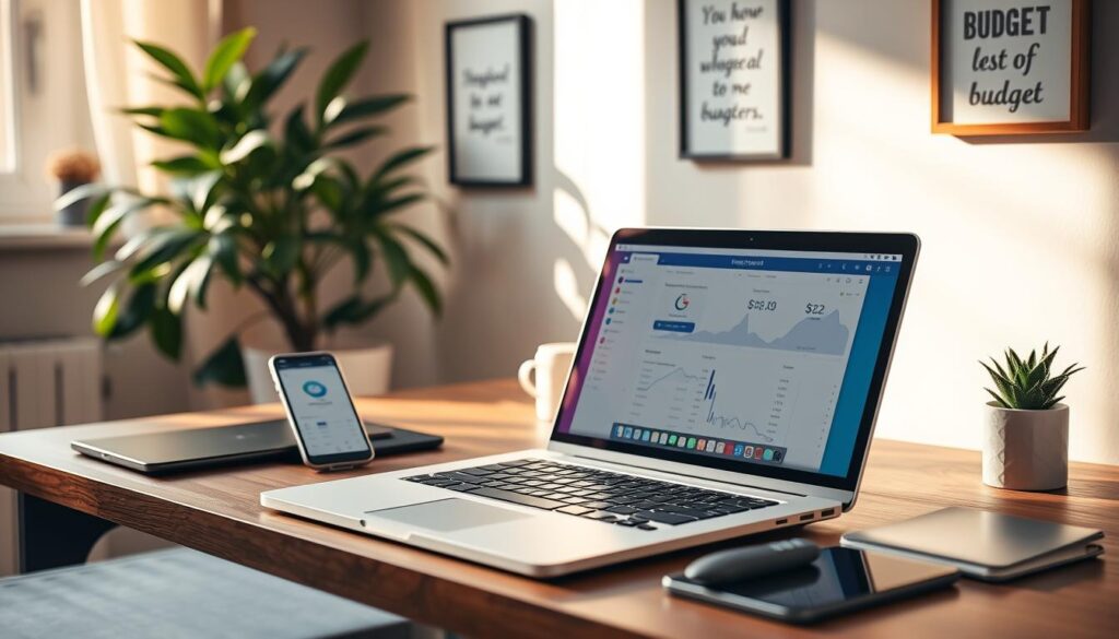 A cozy home office with a neatly organized desk, featuring a modern laptop, a smartphone, and several budgeting apps open on their screens. The warm, natural lighting creates a welcoming atmosphere, complemented by a lush indoor plant and a few framed motivational quotes on the wall. A sense of focus and productivity pervades the scene, as the desk is free of clutter, inviting the user to engage with the budgeting tools at hand. The overall composition conveys the value of using digital tools to effectively manage one's finances, creating a sense of control and financial well-being.