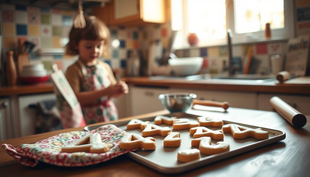A cozy kitchen scene with a child baking number-shaped cookies on a wooden counter. Warm, natural lighting filters through a nearby window, casting a soft glow over the scene. In the foreground, a tray of freshly baked number cookies sit on a patterned oven mitt. The child, wearing a colorful apron, carefully decorates the cookies with icing, adding playful details. In the middle ground, mixing bowls, rolling pins, and other baking tools are neatly arranged, hinting at the process behind the delightful treats. The background features a tile backsplash, hints of colorful cabinetry, and the faint outline of a recipe book, creating a charming, homey atmosphere perfect for a kitchen-based number recognition game. A cozy kitchen scene with a child baking number-shaped cookies on a wooden counter. Warm, natural lighting filters through a nearby window, casting a soft glow over the scene. In the foreground, a tray of freshly baked number cookies sit on a patterned oven mitt. The child, wearing a colorful apron, carefully decorates the cookies with icing, adding playful details. In the middle ground, mixing bowls, rolling pins, and other baking tools are neatly arranged, hinting at the process behind the delightful treats. The background features a tile backsplash, hints of colorful cabinetry, and the faint outline of a recipe book, creating a charming, homey atmosphere perfect for a kitchen-based number recognition game.