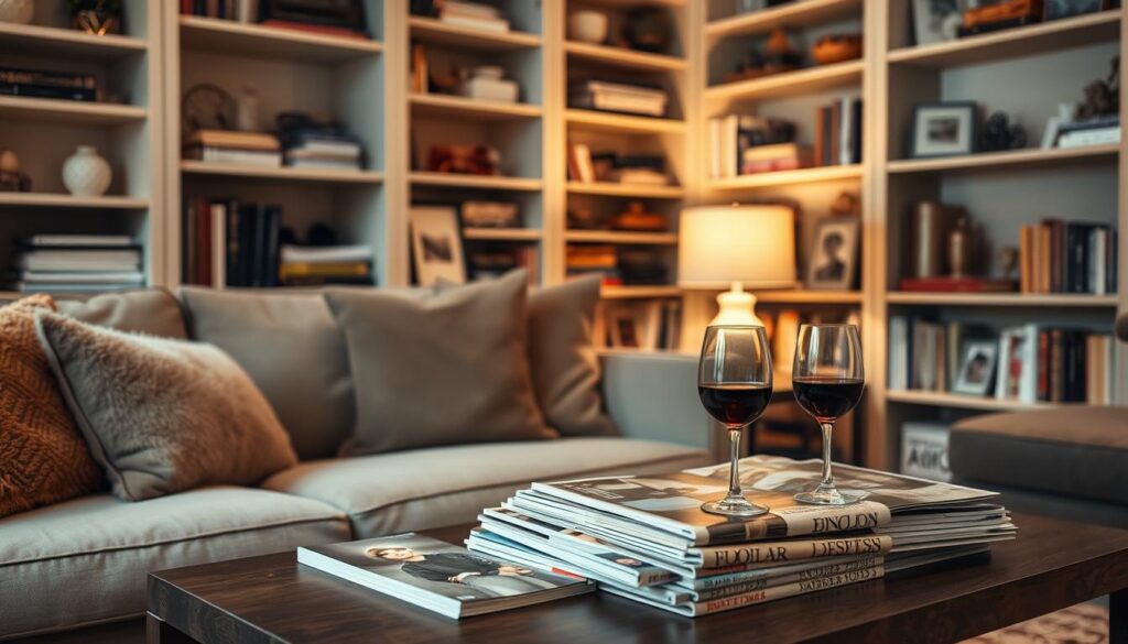 A cozy living room with a plush couch, a coffee table adorned with magazines and a stylish lamp, surrounded by bookshelves filled with eclectic trinkets and decor. The lighting is warm and inviting, creating a relaxed atmosphere. On the coffee table, a glass of wine and a stack of glossy fashion magazines hint at leisurely personal indulgences. The overall scene conveys a sense of discretionary spending on non-essential but enjoyable items that contribute to one's personal well-being and lifestyle.