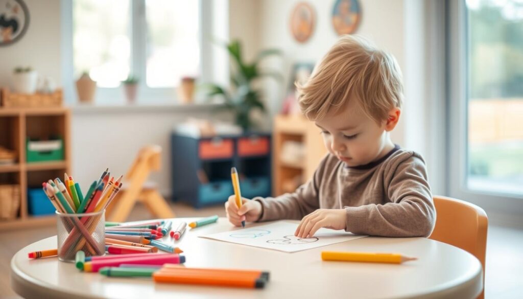 A cozy preschool classroom with natural lighting filtering through large windows. On a small table, an array of colorful drawing tools - crayons, markers, pencils, and paper. A young child sits at the table, engrossed in tracing shapes and patterns, their tiny fingers guiding the utensils with precision. The background is softly blurred, allowing the drawing activity to be the focal point. The mood is one of calm concentration and the joy of creative expression. A cozy preschool classroom with natural lighting filtering through large windows. On a small table, an array of colorful drawing tools - crayons, markers, pencils, and paper. A young child sits at the table, engrossed in tracing shapes and patterns, their tiny fingers guiding the utensils with precision. The background is softly blurred, allowing the drawing activity to be the focal point. The mood is one of calm concentration and the joy of creative expression.