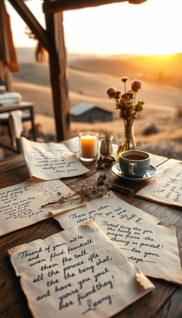 A cozy, rustic scene featuring handwritten friendship quotes on vintage paper and parchment. The foreground showcases an assortment of these heartfelt messages in calligraphic script, arranged artfully on a wooden table. In the middle ground, natural elements like a bundle of dried flowers, a candle, and a cup of tea hint at a soothing, intimate atmosphere. The background is a softly blurred landscape of rolling hills and a warm, golden sunset, creating a sense of tranquility and thoughtfulness. Warm lighting casts a gentle glow, enhancing the timeless, nostalgic mood. A wide-angle lens captures the entire scene in a slightly tilted, natural composition.