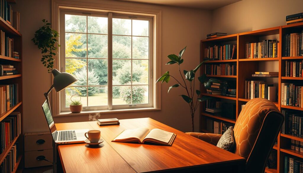 A cozy study space with a wooden desk, a large window overlooking a lush garden, and a comfortable armchair. Warm, diffused lighting illuminates the scene, creating a serene and focused atmosphere. On the desk, an open book, a laptop, and a cup of steaming tea, suggesting a dedicated student engrossed in their studies. Shelves lining the walls are filled with various educational resources, hinting at a well-organized and intellectually stimulating environment. The room conveys a sense of balance, productivity, and a passion for learning.