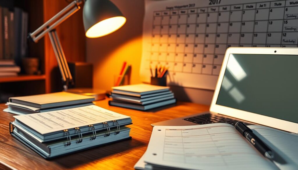 A cozy study space with a wooden desk, a stack of books, and a laptop open on the surface. Warm lighting from a desk lamp casts a soft glow, creating a focused, productive atmosphere. In the foreground, a planner and calendar are visible, symbolizing time management techniques. The background features a large wall calendar, highlighting important dates and deadlines. Subtle hints of organization, such as a desk organizer and a pencil holder, reinforce the theme of effective study methods. A cozy study space with a wooden desk, a stack of books, and a laptop open on the surface. Warm lighting from a desk lamp casts a soft glow, creating a focused, productive atmosphere. In the foreground, a planner and calendar are visible, symbolizing time management techniques. The background features a large wall calendar, highlighting important dates and deadlines. Subtle hints of organization, such as a desk organizer and a pencil holder, reinforce the theme of effective study methods.