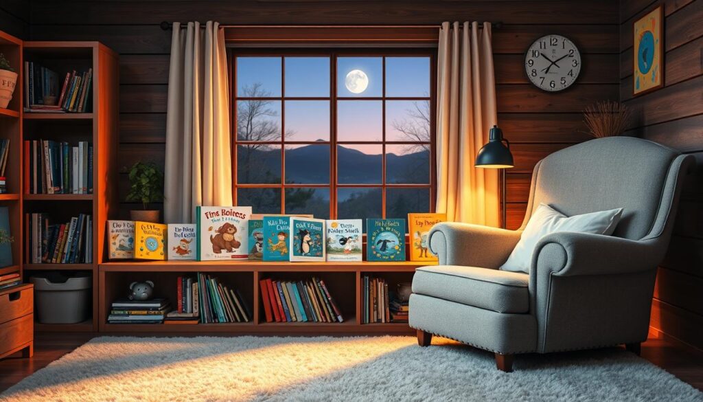 A cozy, well-lit children's reading nook with an array of classic picture books arranged on a wooden bookshelf. In the foreground, a plush armchair and soft rug create an inviting atmosphere. Through a window in the background, a serene nighttime landscape is visible, hinting at the calming bedtime setting. The books feature vibrant covers and whimsical illustrations, capturing the imagination of young readers. Warm, natural lighting illuminates the scene, casting a gentle glow and evoking a sense of comfort and security. The overall composition conveys the tranquility and wonder of storytime, perfect for inspiring sweet dreams.