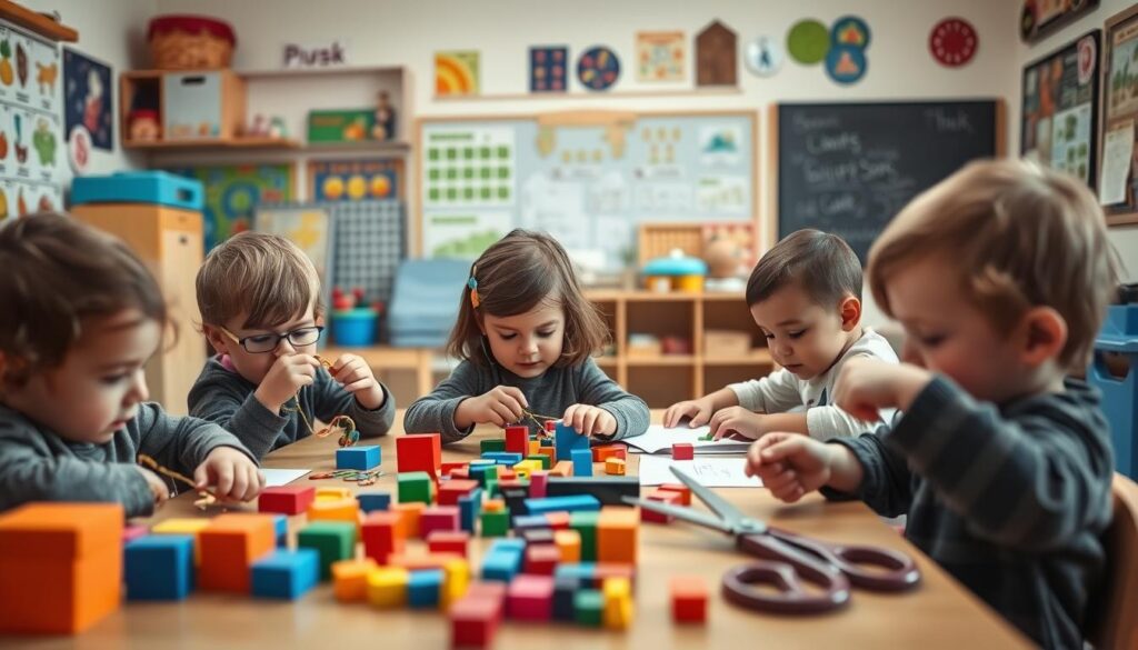 A cozy, well-lit classroom setting, with a group of curious preschoolers gathered around a table, engaging in a variety of fine motor skills activities. In the foreground, tiny hands carefully manipulate colorful building blocks, threading beads onto strings, and using child-safe scissors to snip paper. In the middle ground, the children's faces are lit with concentration, their brows furrowed as they problem-solve and experiment. The background showcases an array of educational tools and resources, such as puzzles, pegboards, and a chalkboard, creating an environment that fosters learning and exploration. The overall mood is one of engagement, enthusiasm, and the joy of discovery, perfectly encapsulating the "Essential Fine Motor Skills Practice for Preschoolers". A cozy, well-lit classroom setting, with a group of curious preschoolers gathered around a table, engaging in a variety of fine motor skills activities. In the foreground, tiny hands carefully manipulate colorful building blocks, threading beads onto strings, and using child-safe scissors to snip paper. In the middle ground, the children's faces are lit with concentration, their brows furrowed as they problem-solve and experiment. The background showcases an array of educational tools and resources, such as puzzles, pegboards, and a chalkboard, creating an environment that fosters learning and exploration. The overall mood is one of engagement, enthusiasm, and the joy of discovery, perfectly encapsulating the "Essential Fine Motor Skills Practice for Preschoolers".